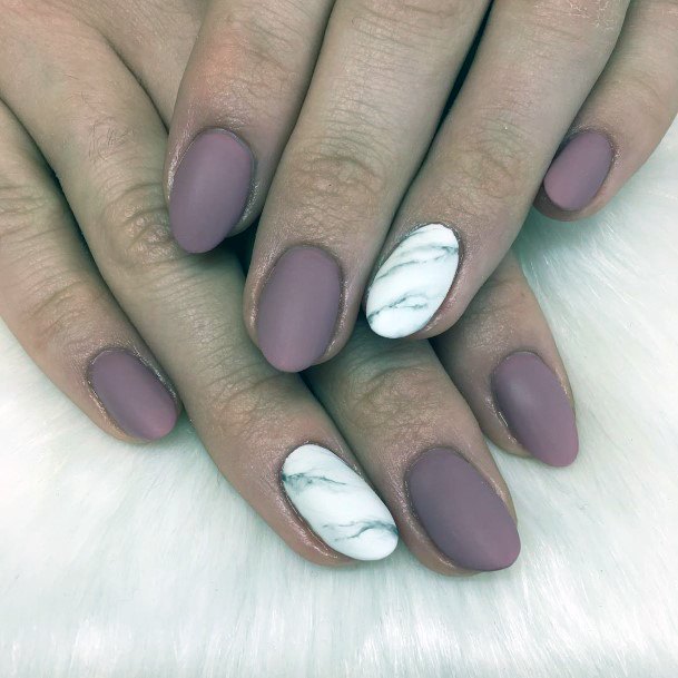 Matte Purplish Pink Nails With White Marble Accent Women