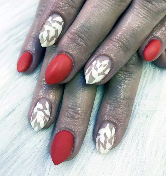 Matte Red Orange Nails With White Pattern Art For Women