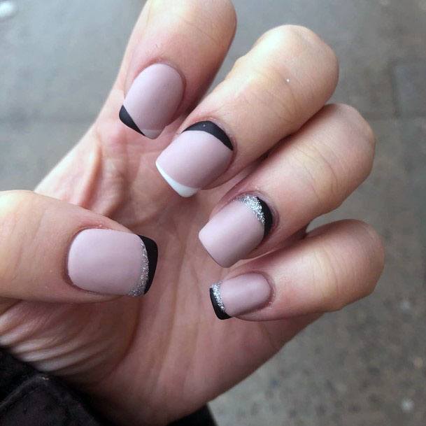 Matte Silver And Black Tinged Nails Women