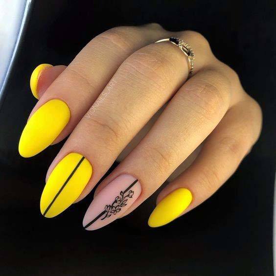 Matte Yellow Nails With Pink Accent For Women