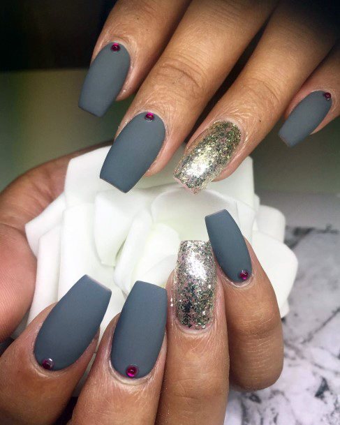 Matted Grey Nails With Red Stone Women