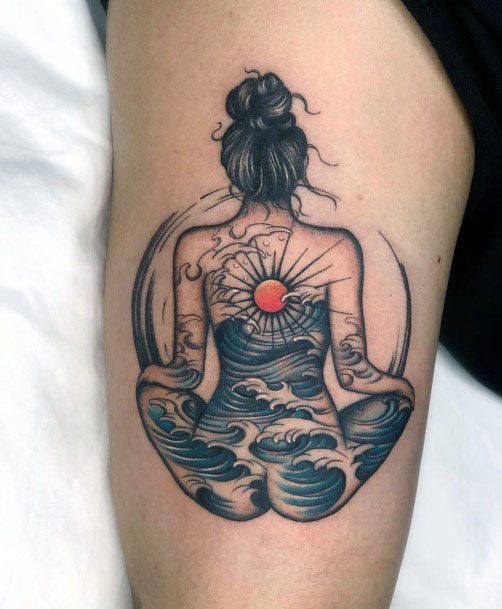 Meditating Lady With A Wavy Sunrise Tattoo Womens Arms