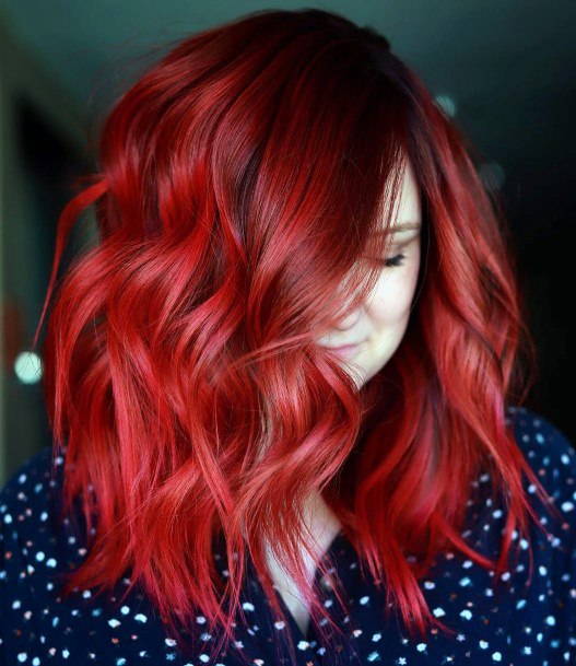 Medium Length Volume Bright Red Hairstyle For Women Wavy Pretty