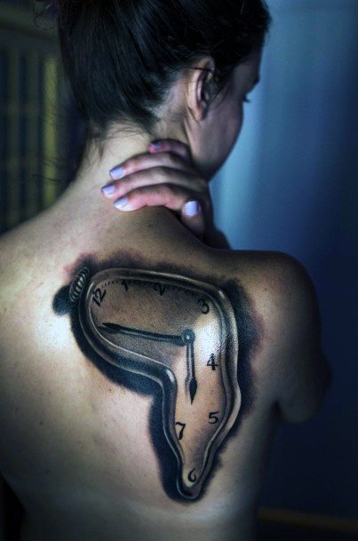 Melting Metal Clock Womens Back Tattoo