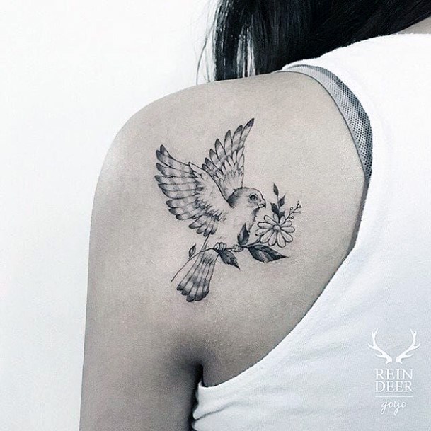 Messenger Dove With Floral Tattoo Womens Back