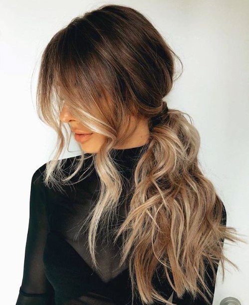 Messy Low Side Pony Women Hairstyle Long Front Pieces Ombre