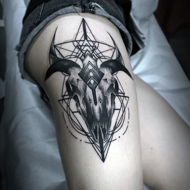 Metal Beast With Horns Leg Tattoo