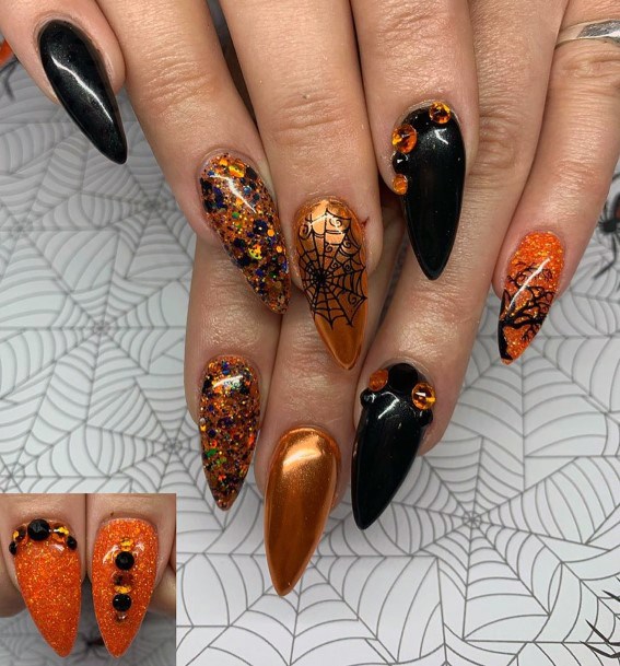 Metalic Golden Orange And Black Nails Spider Web Design For Women