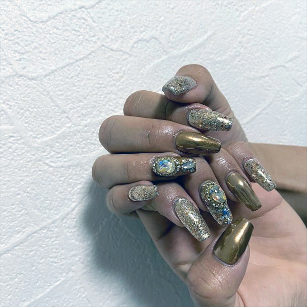 Metallic Brown Nails With Rhinestones Art Women