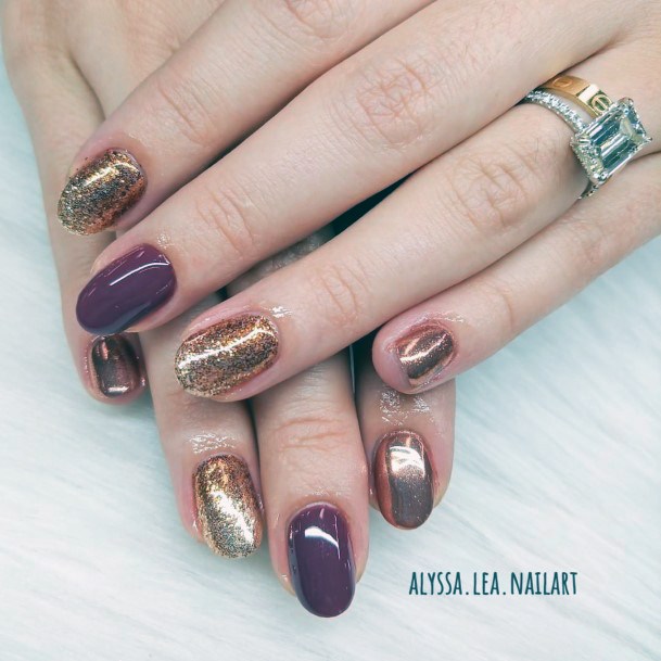 Metallic Gold And Wine Red November Nails