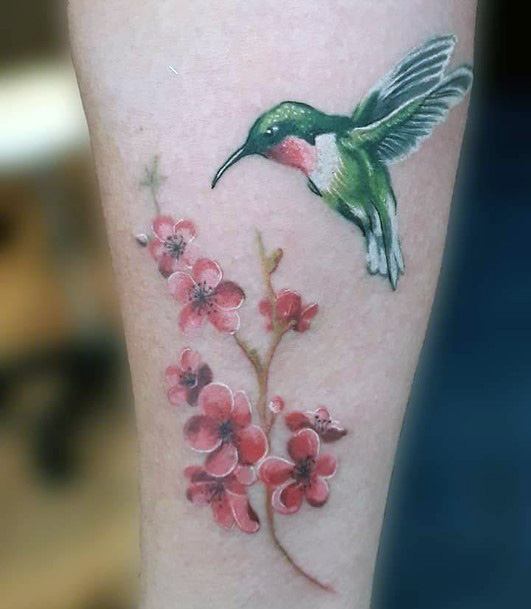 Metallic Green Hummingbird Tattoo With Blossoms Tattoo Women Art