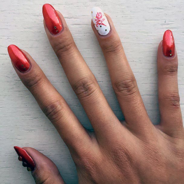 Metallic Red Orange Nails With White Accent For Women