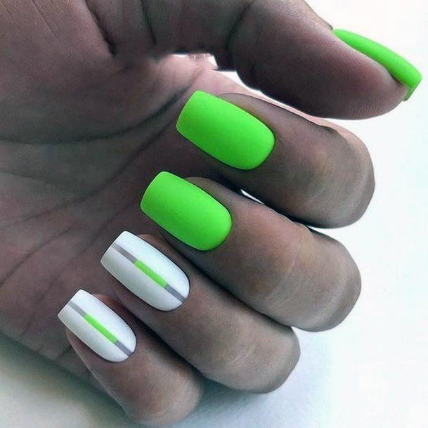Metallic Silver And Lime Green Nails