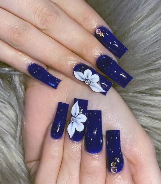 Midnight Blue 3d Flower Nails White Women