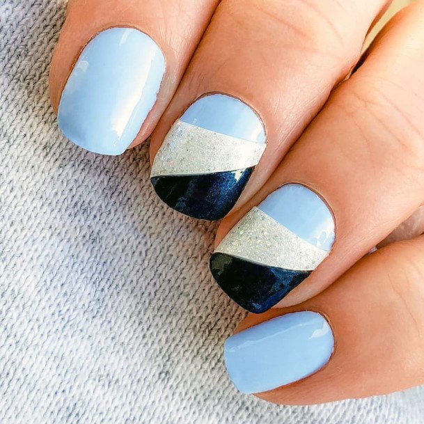 Milky White Blue And Black Geometric Design On Nails For Women