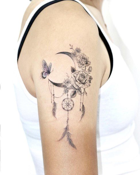 Minimal Flower Moon Tattoo For Women