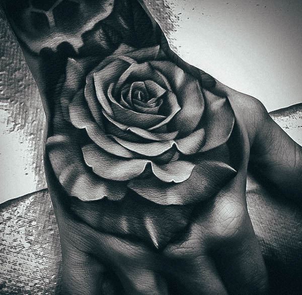 Minimal Rose Hand Tattoo For Women Shaded
