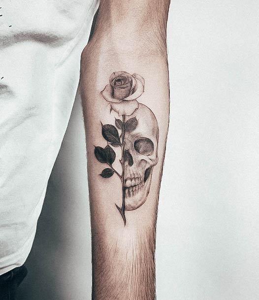 Minimal Skull And Rose Tattoo For Women