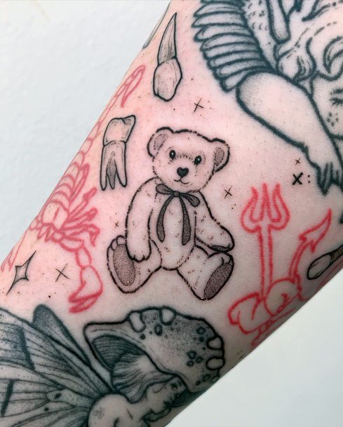 Minimal Teddy Bear Tattoo For Women