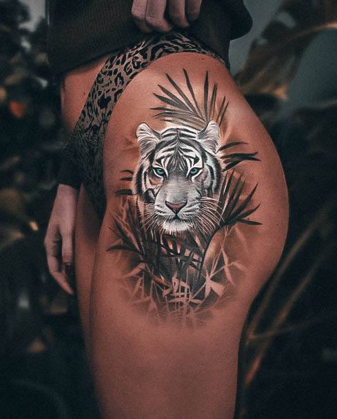 Minimal Tiger Tattoo For Women Thigh