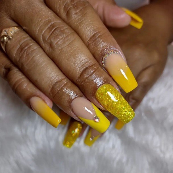 Minimal Yellow With Diamonds Nail For Women