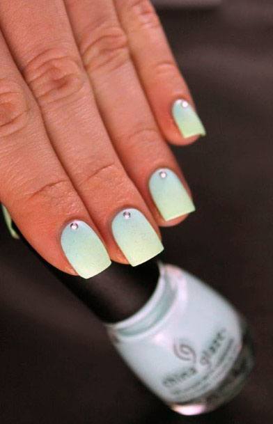 Mint Gradient Nails With Stone For Women