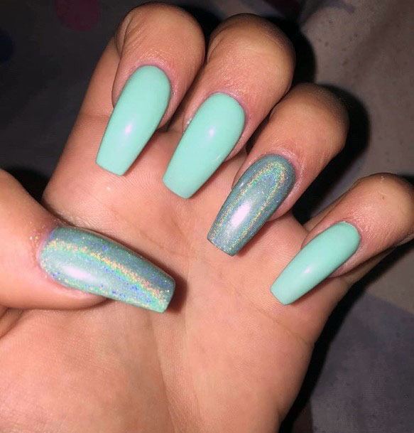 Mint Nails With Hologram Effect Women