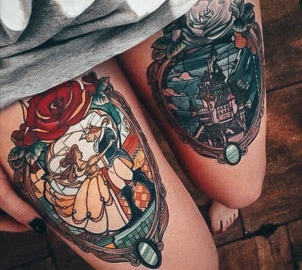 Mirror Traditional Thigh Beauty And The Beast Tattoo Designs For Women