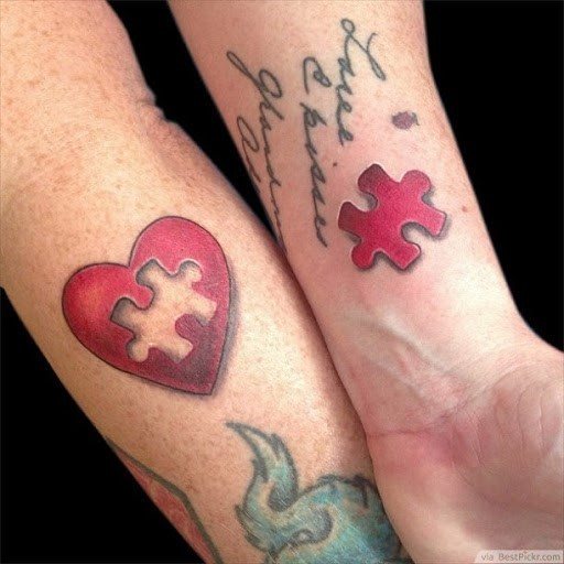 Missing Jigsaw Piece To Heart Couple Tattoo Forearms