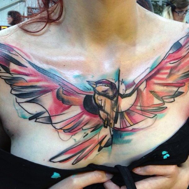 Modern Art Bird With Flapping Wings Tattoo Womens Chest