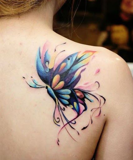 Modern Art Butterfly Tattoo On Womens Back