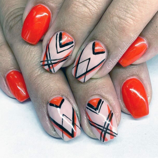 Modern Art On Red Orange Nails For Women