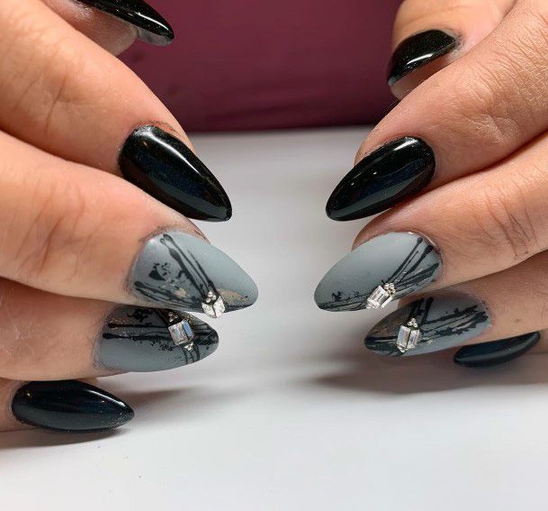 Modern Art With Crystals On Grey Black Matte Nail Women