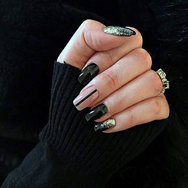 Modern Black And Golden Design Square Nails