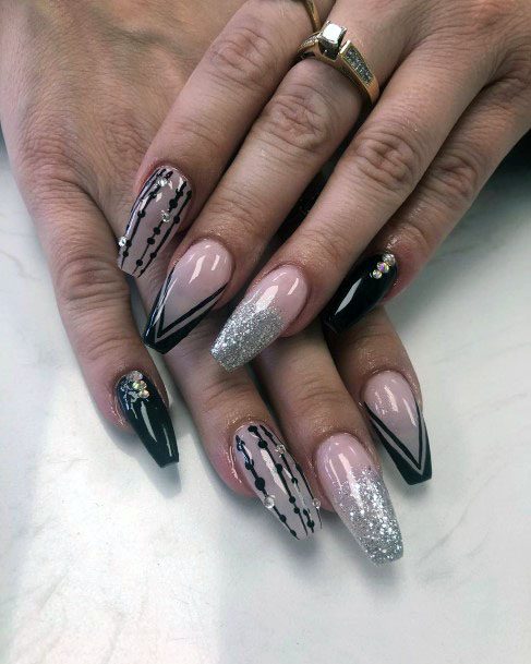 Modern Designs Silver And Black Nails Women