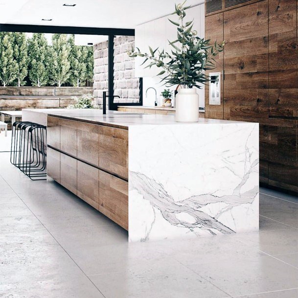 Modern Kitchen Ideas Marble Waterfall Island With Wood Cabinets