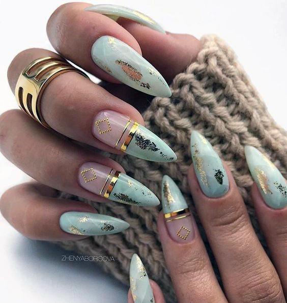 Modern Nail Art Women Green And Gold Art