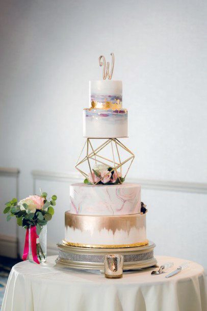 Modern White And Gold Cake With Geometric Stand Wedding Cake Ideas