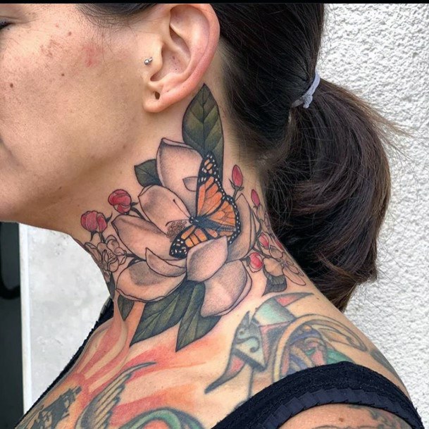 Monarch Butterfly And Fauna Womens Neck Tattoo