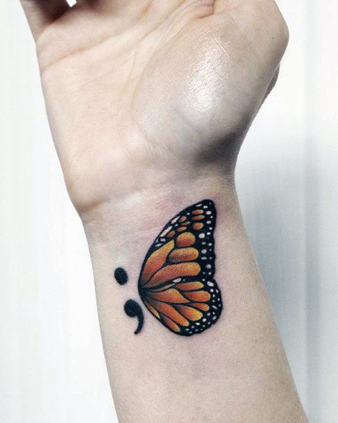 Monarch Yellow Butterfly And Semicolon Tattoo Womens Wrist