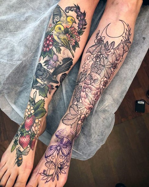 Monochrome And Multicolored Leg Tattoo Women