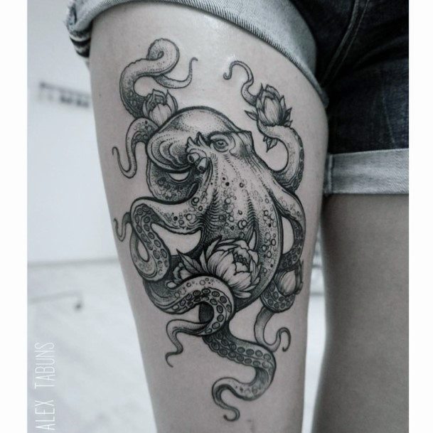 Monochrome Octopus Tattoo Womens Thighs