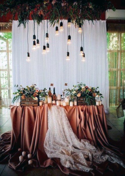 Moody Rust Table Linen With Backlights Sweetheart Table Decor Fall Wedding Ideas