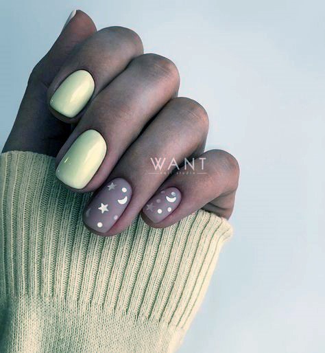 Moon And Stars Pale Yellow Nails For Women