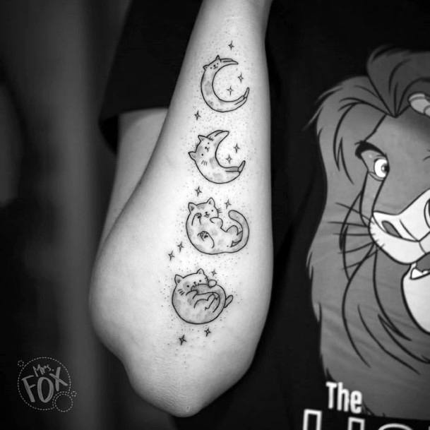 Moon Phases And Cat Tattoo Womens Hands
