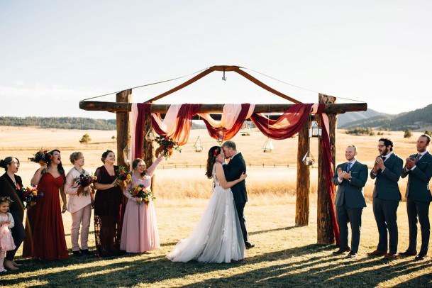 Mountain Ceremony Blush And Burgundy With Golden Grass Fall Wedding Ideas