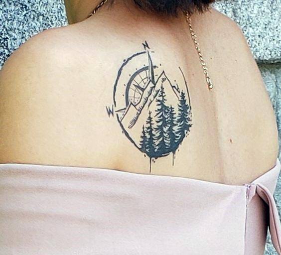 Mountain Peak And Compass Tattoo Womens Back