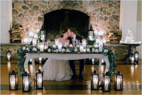 Mr Mrs Winter Wedding Table Inspiration Candle Lit Greenery