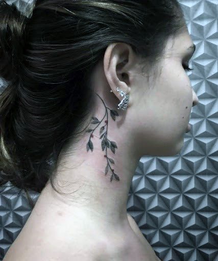 Multi Branched Stem And Leaves Neck Tattoo For Women
