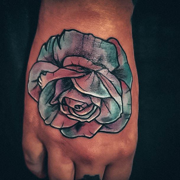 Multi Color Pink Teal And White Womens Rose Hand Tattoos